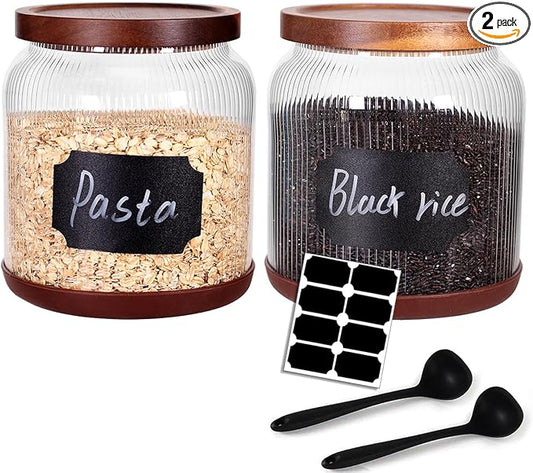 SAIOOL 2-Pack Striped Borosilicate Glass Airtight Canisters - Big mouth Large Capacity, Acacia Wood Lid, Food Storage Jars for Flour, Pasta, Pantry Organization (1/2 Gallon (Striped 2 pack))