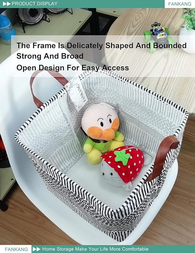 FANKANG Square Nursery Hamper Storage Bins Canvas Laundry Basket Foldable with Waterproof PE Coating Storage Baskets Gift Baskets for Children, Office, Bedroom, Clothes(Square-Black Lines )