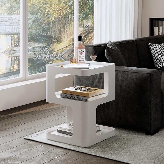 Modern Side Table,White end Table,Unique nightstand,Bedside Table,Metal 3-Tier Night Stand with Storage,Accent Side Table for Couch,Bedroom,Living Room.No Assembly Required.