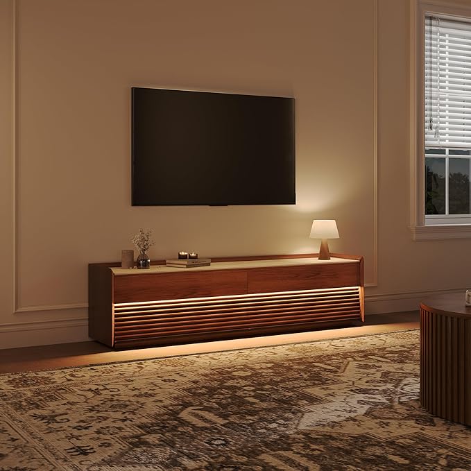 POVISON Fully-Assembled Mid Century Matte Sintered Stone TV Stand, 70.87" Wood Media Console with Adjustable LED Light, Entertainment Center with Storage for Living Room