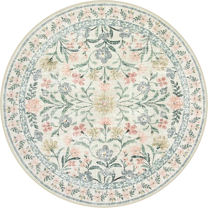 Wonnitar Round Washable Rug, Soft Floral Round Rugs 5ft Circle Carpets for Bedroom Ultra-Thin, Boho Beige Print Distressed Circular Carpet for Living Room Dorm Bedside