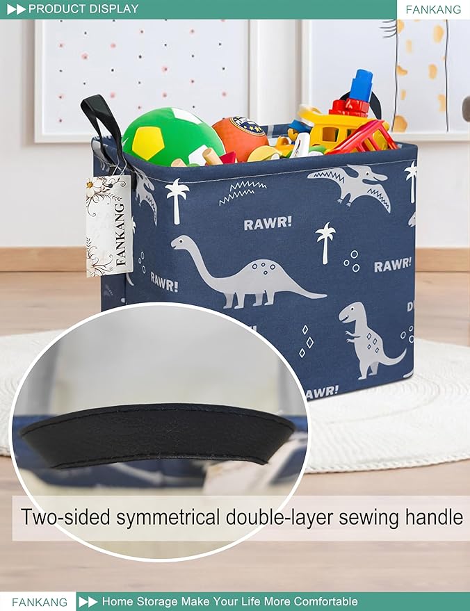 FANKANG Square Nursery Hamper Storage Bins Canvas Laundry Basket Foldable with Waterproof PE Coating Storage Baskets Gift Baskets for Children, Office, Bedroom, Clothes(Square-Blue dinosaur )