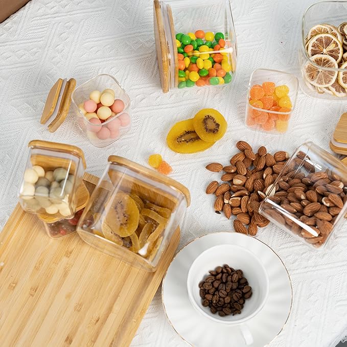 5oz Airtight Square Spice Containers with Bamboo Lid Set of 12 with Black Lables Storage Stackable Spice Jar, Kitchen Canister for Sugar, Tea, Flour, Salt and Seasonings (Clear Glass)