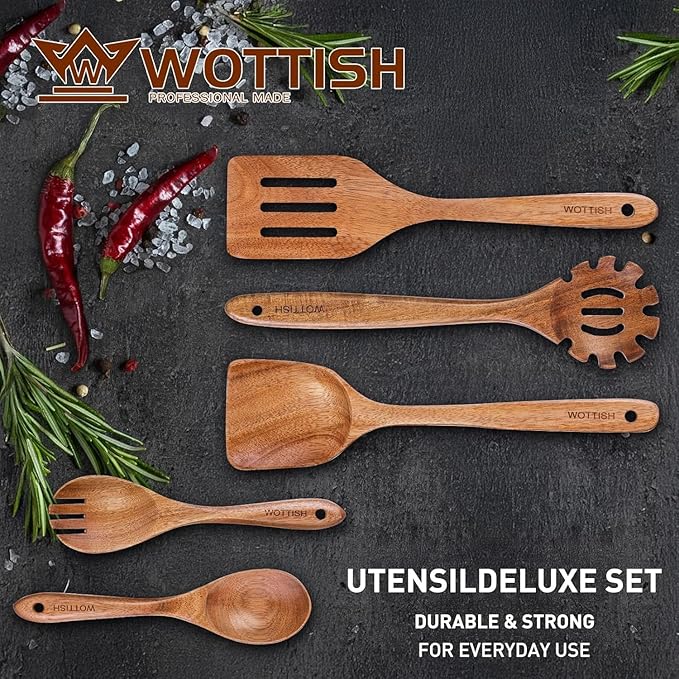 Wooden Spoons for Cooking - 5-Piece Wooden Kitchen Utensil Set made of Natural Solid Wood Material - Includes Salad Spoons, Spaghetti Spoon, Salad Fork, Flat Spatula,Slotted Spatula(A05)