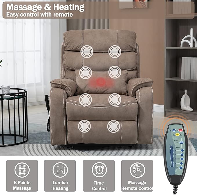 Power Lift Recliner Chair for Adults Elderly Lay Flat Velvet Recliners with Massage Heating, Extended Footrest, Wireless Charging Device, USB Ports, Cup Holder, Lumbar Pillow