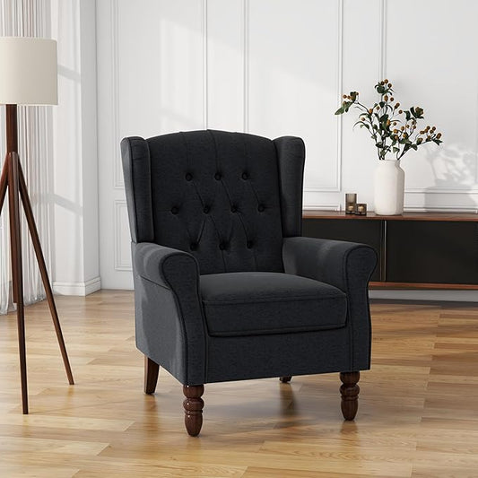 UIXE High Back Accent Chair, Upholstered Armchair in Fabric, Retro Wingback Arm Chair for Living Room, Comfy Single Sofa Bedroom Reading Seat with Solid Wood Legs - Black Blue