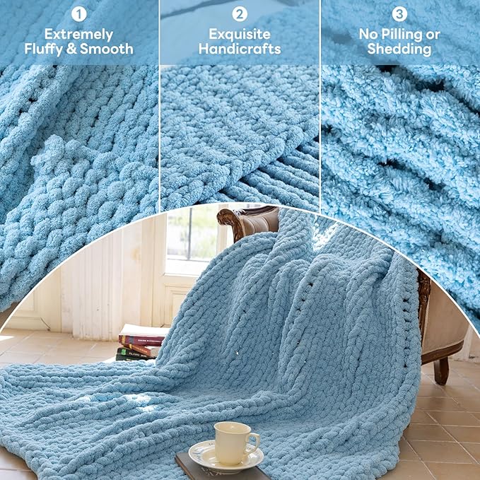 Chunky Knit Blanket - Luxury Soft Cozy 40 * 50 Throw Blanket,100% Woven Blanket Rope Knot Throw Blanket for Couch, Sofa, Home Decor, Gift - Machine Washable(Light Blue)