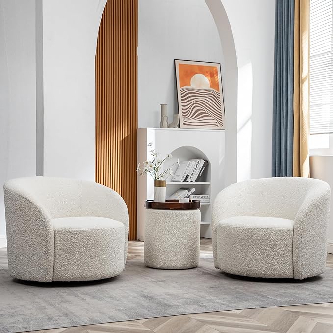KINWELL 34" Boucle Swivel Barrel Chair with 18" Round Ottoman Set, Fully Assembled Set of Sherpa Accent Chair and Footrest, Modern Comfy Armchair and Footstool for Living Room and Bedroom, Cream