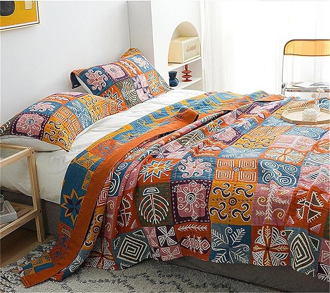 Boho Throw Blanket King Size Christmas Blanket 100% Cotton Blankets for Couch Bed, Cotton Quilts Muslin Bed Blanket 90''x 98'' Cozy Pre-Washed Decor Gift for All Seasons