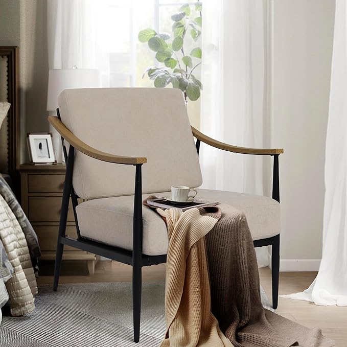 Modern Accent Chairs Set of 2 for Living Room Bedroom Mid Century Arm Chairs Upholstered Office Accent Chairs Comfy Waiting Room Chairs with Metal Frame, Beige