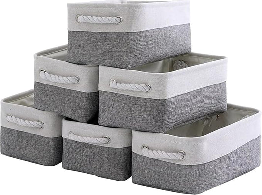 TcaFmac Small Storage Baskets for Shelf 6 Pack Canvas Storage Basket with Handles Fabric Storage Basket for Organizing Storage Bin (White and Grey, 12x8x5")