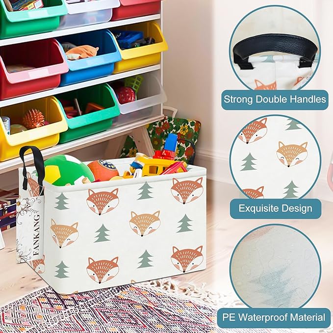 FANKANG Storage Bins, Nursery Hamper Canvas Laundry Basket Foldable with Waterproof PE Coating Large Storage Baskets for Kids Boys and Girls, Office, Bedroom, Clothes,Toys(Rec-Fox )