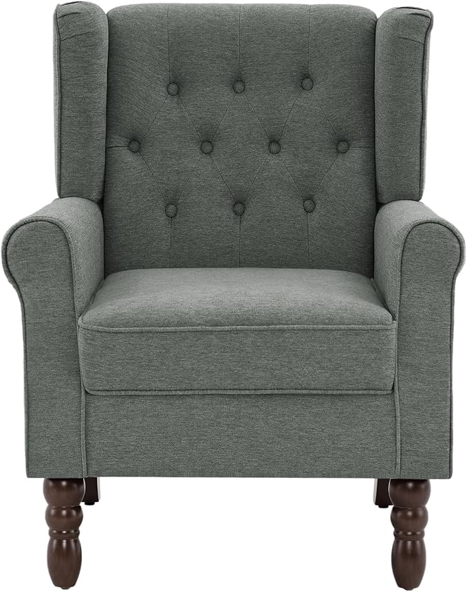 UIXE High Back Accent Chair, Fabric Upholstered Armchair for Living Room, Retro Wingback Arm Chair Comfy Single Sofa Bedroom Reading Seat with Solid Wooden Legs - Gray