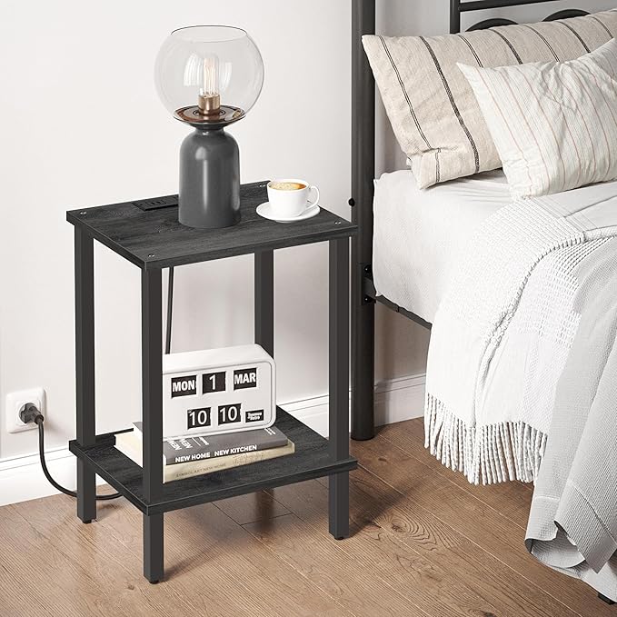 TUTOTAK End Table with Charging Station, Small Side Table with Outlets, Nightstand Bedside Table, 2-Tier Storage Shelf for Small Space, Living Room, Bedroom, Charcoal Grey TB01BY040