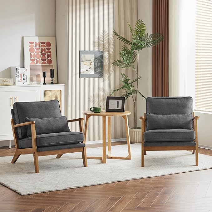 Karl home Accent Chair Wide Armrest Mid-Century Lounge Chair Linen Fabric Armchair with Lumbar Pillow & Solid Wood Frame for Living Room, Bedroom, Balcony, Gray