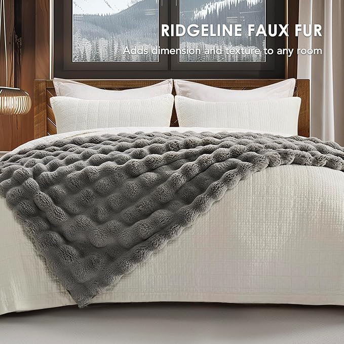 EVERGRACE Ultra Soft Luxury Fluffy Ridgeline Faux Rabbit Fur Throw Blanket, Thick Warm Bubble Throw for Bed, Cozy Plush Reversible Blankets for Couch, Chair, Sofa, Grey, 50x60 Inches, 870 GSM