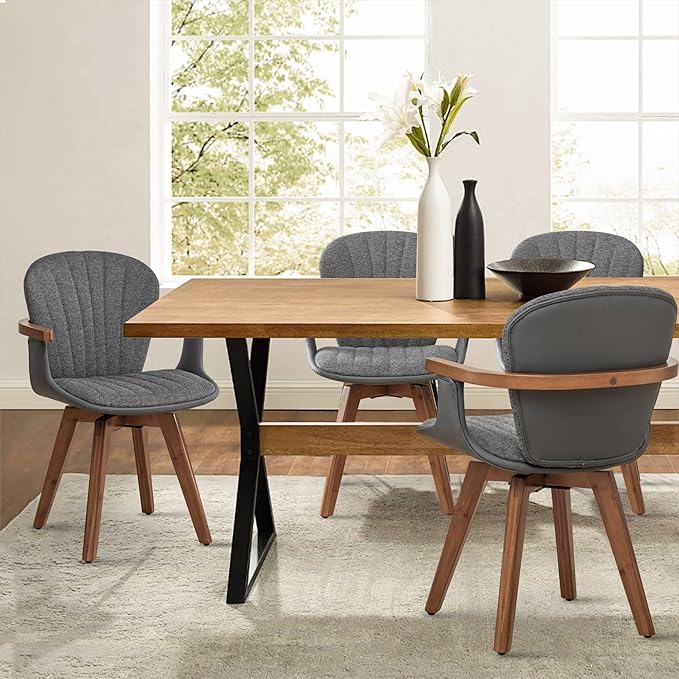 LUNLING Swivel Dining Chairs Set of 4, Mid Century Modern Gray Fabric+Faux Leather Kitchen Chairs with Arms,Bamboo Legs Side Chairs No Wheels,Accent Chair for Dining Rooms and Offices(Gray Fabric)