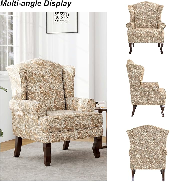Accent Chair, High Back Upholstered Armchair with High Resilience Sponge & Wood Legs, Mid-Century Modern Comfy Single Sofa Reading Chairs for Living Room, Bedroom (Floral Sand, Set of 1)