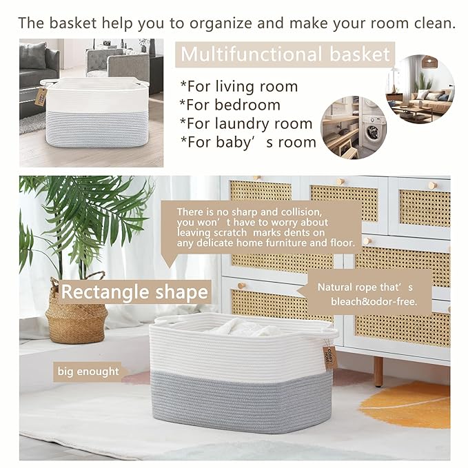 COMFY-HOMI Large Rectangle Laundry Storage Basket | Cotton Rope Woven, Organizing with Handle | Dirty Cloth & Baby Shower Basket | 22x15x12' - White/Grey
