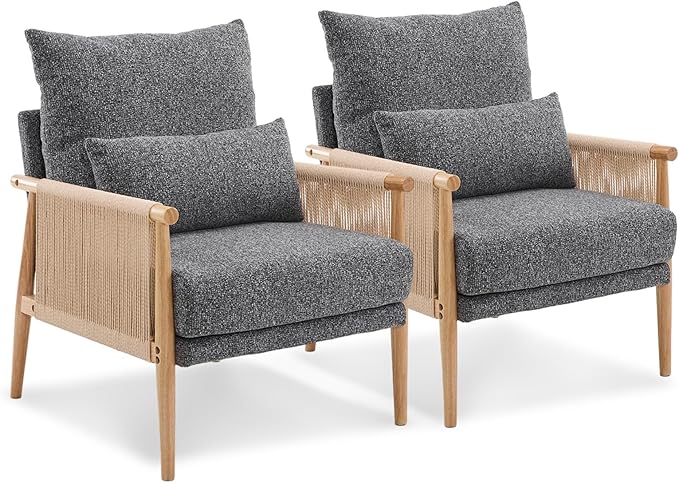 VINGLI Boho Braid Accent Armchairs Set of 2,Mid-Century Modern Chiars with Solid Wooden Armrest,Comfy Louge Cushion Chairs with Waist Pillow for Bedroom,Living Room,Reading Room, Gray