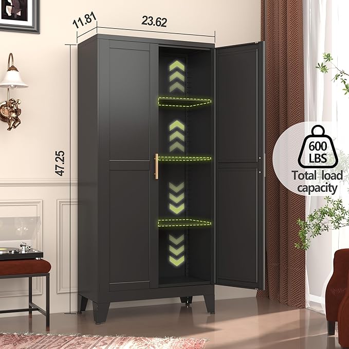 Metal Storage Cabinet With 2 Doors and 3 Adjustable Shelves, Black Kitchen Pantry for Food, Utility Cabinet for Laundry Room, Cupboard