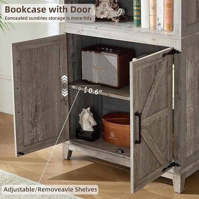 70in Tall Bookshelf 5 Tier Bookcase with Barn Doors and Adjustable Shelves, Grey Farmhouse Book Shelf with Storage Cabinet, Wood Freestanding Display Bookshelves for Bedroom, Living Room