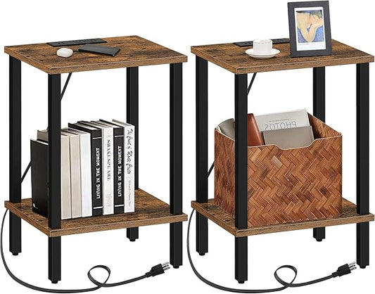TUTOTAK End Table with Charging Station, Side Table with USB Ports and Outlets, Nightstand, 2-Tier Storage Shelf, Sofa Table for Small Space, 1 Package(2PCS) TB01BB041