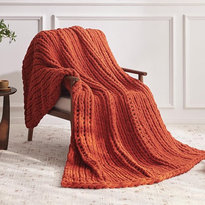 Chunky Knit Throw Blanket, 40''*50'' Knitted Throw Chenille Yarn for Bed Couch, Handmade Orange Crochet Big Thick Blanket, Machine Washable Cute Comfy Blanket for Home Decor