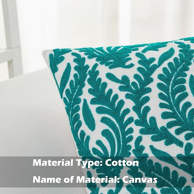 HWY 50 Teal Decorative Throw Pillow Covers 18x18 Inch (1 Piece), Embroidered Cotton Farmhouse Cushion Cover Pillow Case for Sofa Couch Living Room Bed Bedroon, Floral Branches