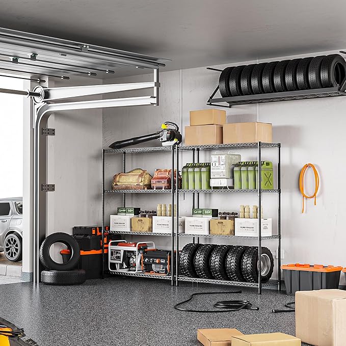 IZEUK 1400 LBS Garage Black Shelving Wide Storage Shelves 4 Tier Adjustable Heavy Duty Metal Wire Rack Standing Shelf Unit for Kitchen Office College Dorm Garage Warehouse 15.8" x 45.8"x 59.4"