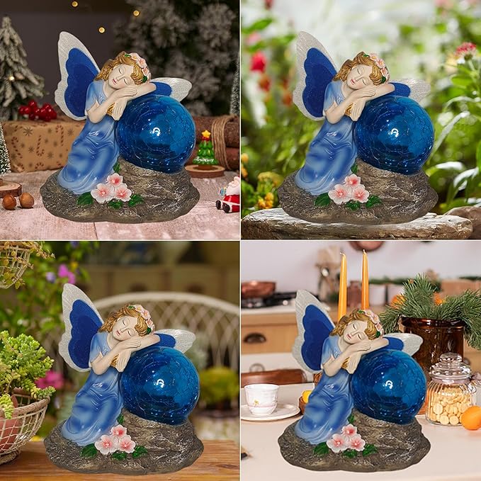 Fairy Garden Statue ,Solar Garden Decor ,Fairy Statue Outdoor with Glass Ball ,Waterproof Outdoor Decor,Suitable for Yard, Lawn ,Ideal for Holiday Giving(Blue)