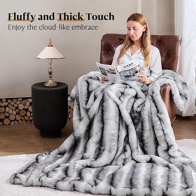 Luxury Faux Fur Blanket - Soft Warm Plush Blankets for Couch Sofa Bed, Fluffy Thick Throws for Bedroom, Office, Living Room, Decorative Reversible, Not Easy to shed - 60"x80", Black/White