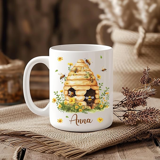 Hyturtle Personalized Bee Mug - Bee Keeper Gifts For Women - Honeybee Gifts For Lovers - Animals Present For Lovers On Birthday - Teacher Appreciation Present - Custom Coffee Cup Ceramic Mug 11 15 Oz