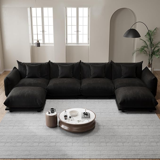 Modern Minimalist Chenille Modular Sectional Sofa, Oversized Deep-Seat U-Shaped Couch with Movable Ottoman, Thick Cushions, Upholstered Sofa for Living Room, Bedroom, Office, Apartment Black 2 Ottoman