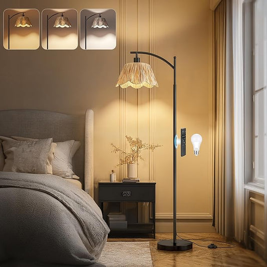 Oneach Arc Floor Lamp for Living Room with 3 Color Temperatures, Rattan Boho Floor Lamp with Hand-Woven Wicker Shade,Farmhouse Floor Lamps with Remote & Dimmable Bulb, Suitable for Bedroom(Black)