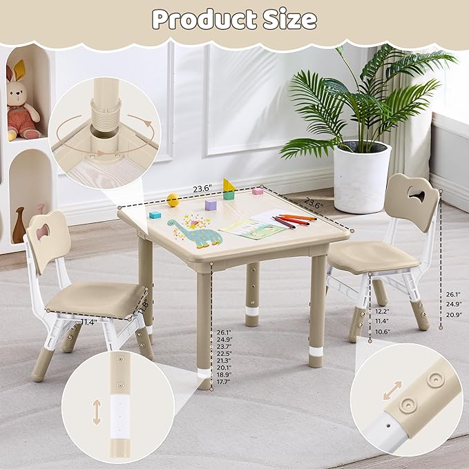 Kids Table and 2 Chairs Set, Height Adjustable (17.7"-26.1") Toddler Table and Chair Set, Multi-Activity Table with Graffiti Desktop, Children’s Table and Chairs for Classroom, Home & Daycare
