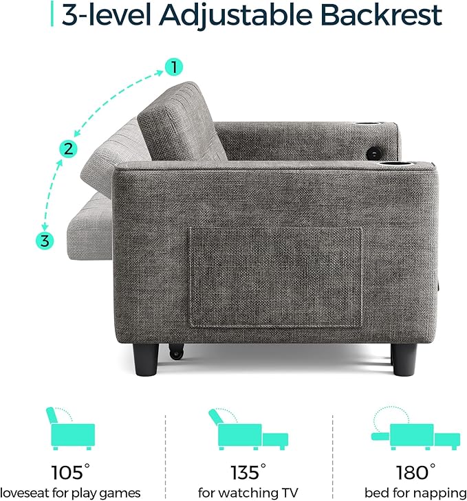 LINSY 3-in-1 Convertible Sofa Bed, 54" Pull Out Sleeper Sofa with Charging Station & Cup Holder, Small Folding Loveseat with Side Pocket for Small Space, Corduroy Couch, Gray