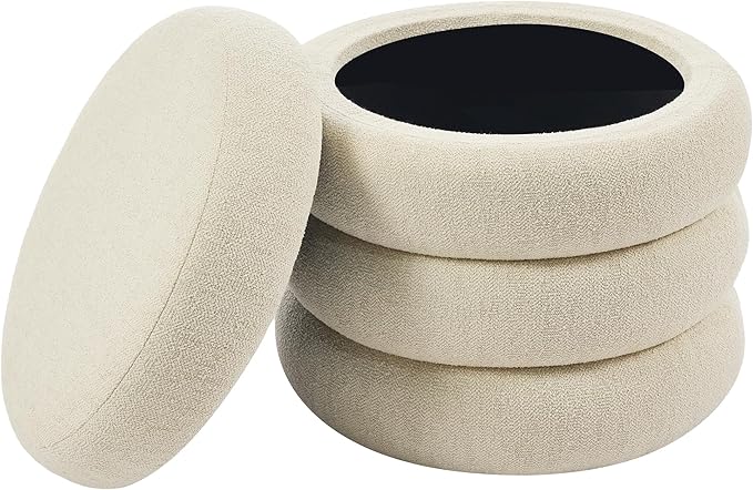 ONEVOG Round Storage Ottoman, 20" Small Ottomans Table with Removable Lid, Linen Fabric Soft Footrest Stools for Couch, Upholstered Stuffed Circle Seat for Living Room/Bedroom/Dorm/Vanity, Beige
