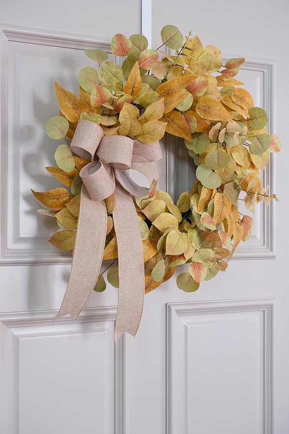 Fall Wreath for Front Door 24 Inch, Autumn Colored Faux Leaves Wreath with Bow, Simple & Minimalist Fall Decoration for Home Farmhouse Door Wall Window Indoor/Outdoor