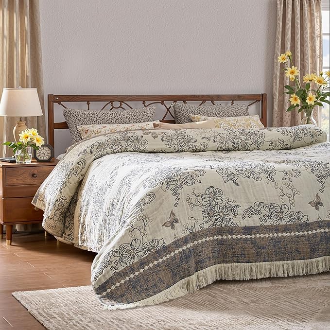 jinchan Boho Floral 100% Cotton Blanket 4-Layer Throw Blanket with Tassel Grey and White Flower Butterfly Soft Luxury Rustic Farmhouse Decor Blanket for Couch Bed 60x80 inch All Season Gift for Women