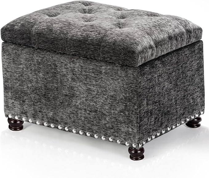 Joveco Storage Ottoman Bench, Rectangle 24" Velvet Foot Rest Stool Square Footstool for Living Room, Bedroom, Charcoal Grey
