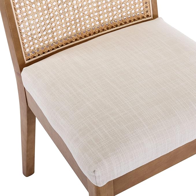 VESCASA Upholstered Dining Chairs with Square Rattan Back, Armless Padded Linen Cushion Dining Chairs with Wood Legs for Dining Room, Kitchen, Set of 2, Natural Frame