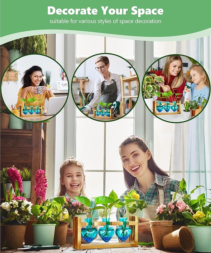 Nacome Plant Terrarium for Office Decor: Birthday Gifts for Plant Lovers Women Mom Wife - Wooden Stand Tabletop Planter 3 Bulb Glass Vase Heart Shaped for Hydroponics Indoor Home