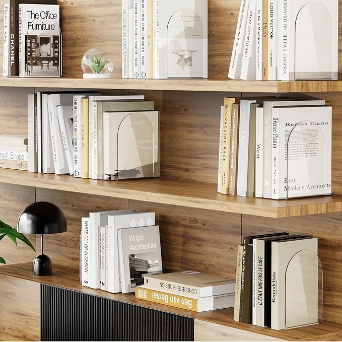 Lulonpon 16 Pieces Book Ends, Bookends, Books End for Shelves, Books End for Heavy Books, Clear Bookends, Acrylic Book Ends for School, Library,Desktop Organizer and Book Shelves