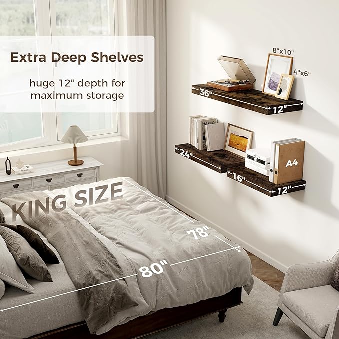 Floating Shelves 36 Inch Long, 12 Inch Deep Floating Shelves for Wall, 36 x 12 Shelves for Wall Storage & Display, 2" Thick Floating Shelf for Bathroom, Living Room, Rustic Brown Color, Set of 2