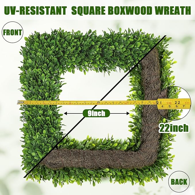 Artgar 22Inch Boxwood Wreath, Spring Wreaths for Front Door, Realistic Green Square Boxwood Wreath for Year-Round Decor, Artificial Summer Wreaths for Wedding Farmhouse Indoor/Outdoor Porch Decor