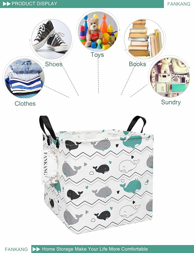 FANKANG Square Nursery Hamper Storage Bins Canvas Laundry Basket Foldable with Waterproof PE Coating Storage Baskets Gift Baskets for Children, Office, Bedroom, Clothes(Square-whales )