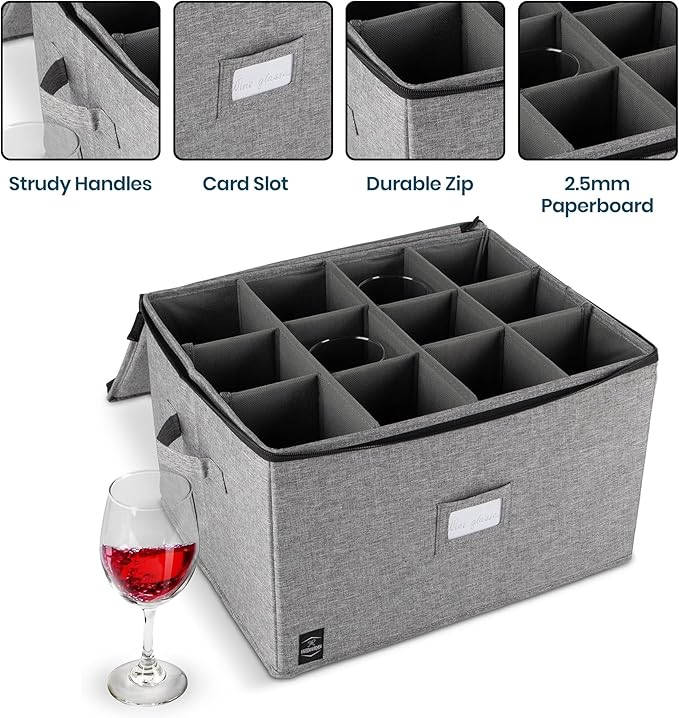 Wine Glass Storage, Holds 12 Stemware Glasses, Stackable, Fully-Padded Inside with Hard Top and Sides (Grey)