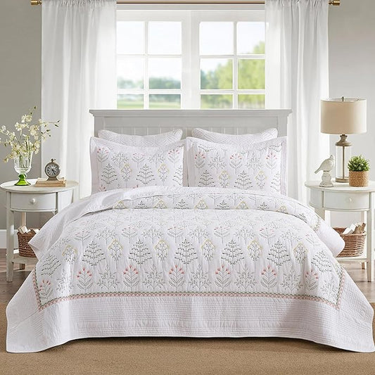 MarCielo 3-Piece 100% Cotton Oversized Bedspread Lightweight Quilt Coverlet Embroidery Farmhouse Bedding Set(TL Floral White,Oversized Queen (100"x106"))