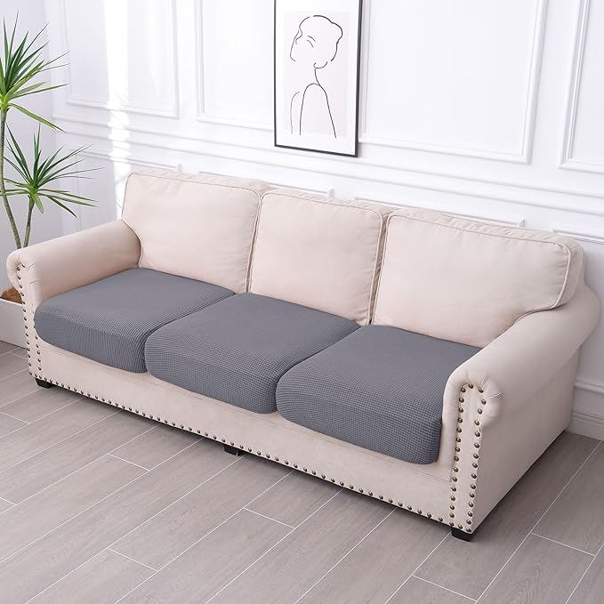 hyha Waterproof Couch Cushion Covers, Washable Sofa Cushion Slipcovers, Thick Stretch Jacquard Fabric, Couch Sofa Covers for Pets with Elastic Bottom (3 Pieces, Middle Grey)
